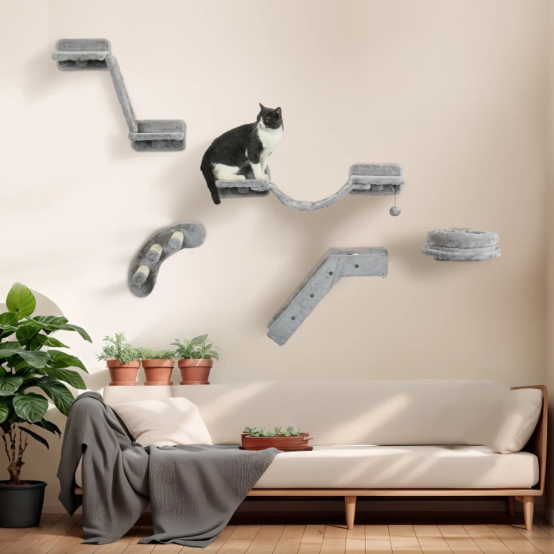 PawHut 5PCs Cat Wall Shelves with Steps, Perches, Ladders, Platforms, Gray