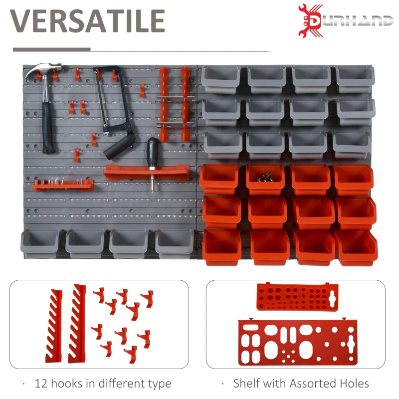 DURHAND 44 PCS Wall Mounted Pegboard Tool Organizer Rack Kit with Various Sized Storage Bins, Pegboard and Hooks, Red