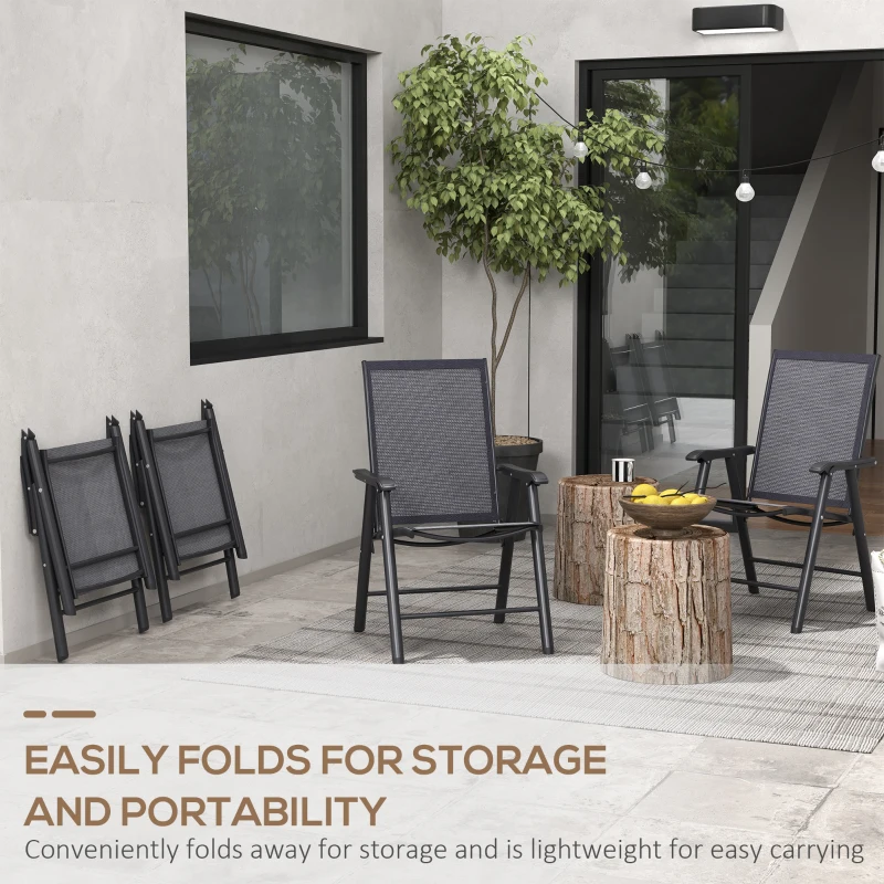 Outsunny 4-Piece Folding Chair Set for Relaxing on Patio Balcony Garden, Comfortable Outdoor Furniture with Armrests, Dark Grey