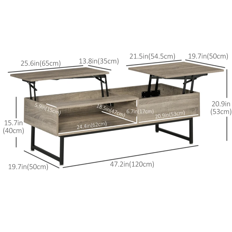HOMCOM Modern Lift Top Coffee Table with Hidden Storage Compartment and Metal Frame, Convertible Console Tea Desk for Living Room, Grey