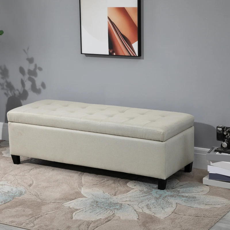 HOMCOM Rectangular Entry Bench, Tufted Upholstered Linen Fabric Wood Feet Storage Ottoman Bench, Beige
