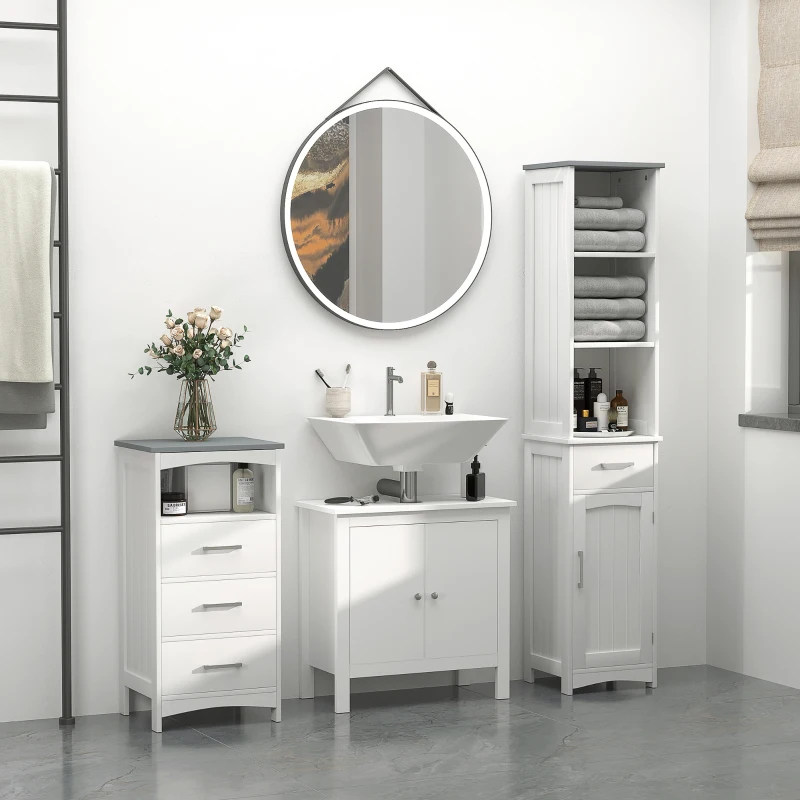 kleankin Tall Bathroom Storage Cabinet, Slim Bathroom Cabinet with 3 Tier Shelf, Drawer, Door, Freestanding Linen Tower, White