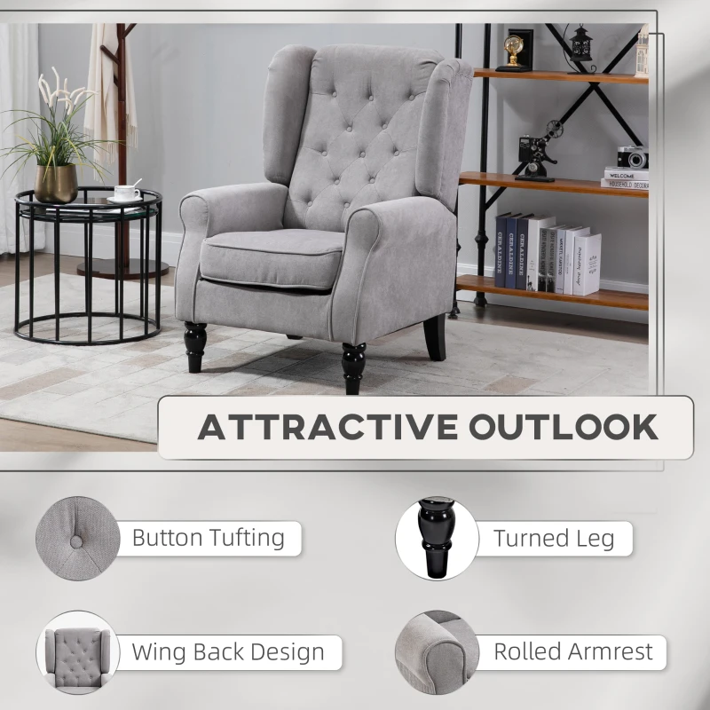 HOMCOM Mid-Century Modern Accent Chair, High Wingback Reading Chair, Button-Tufted Upholstered Fabric Armchair with Retro Wood Legs for Apartment, Living Room, Bedroom, Gray