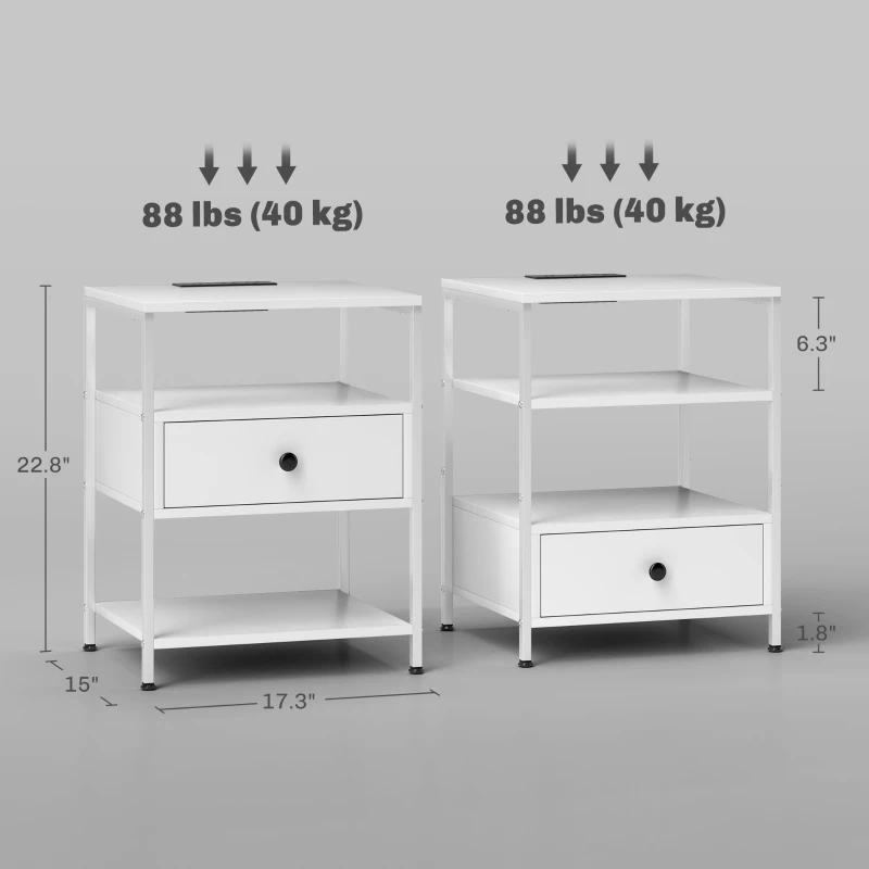 HOMCOM Set of 2 Side Tables with Charging Stations and LED Lights, End Tables with Drawer and Shelves for Living Room, White