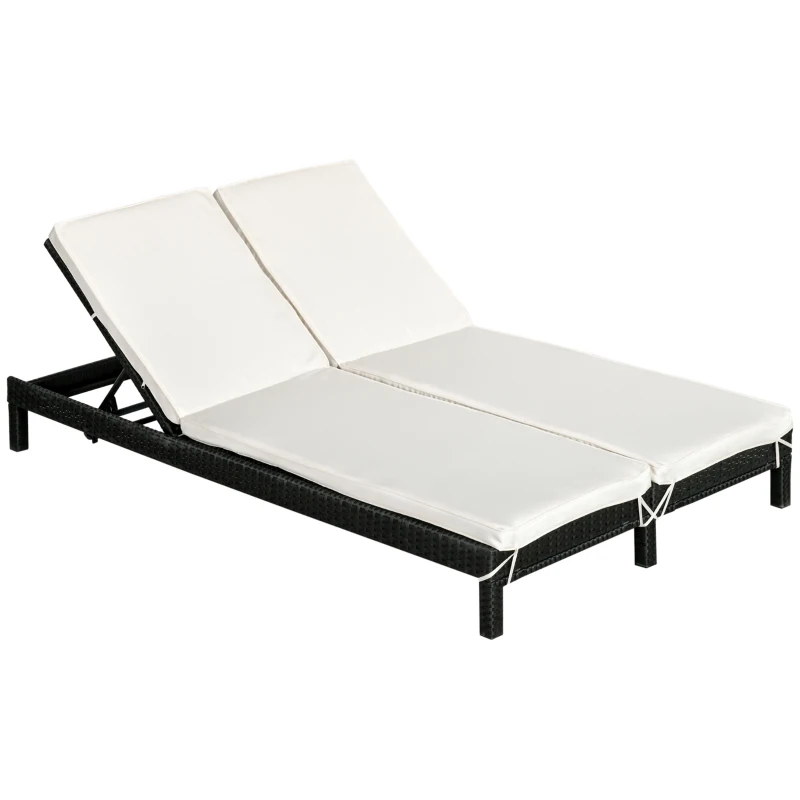 Outsunny Wicker Double Chaise Lounge Chair Outdoor Recliner 2 Person Rattan Patio Reclining Sunbed Furniture Cushioned w/Adjustable Backrest, Cream White