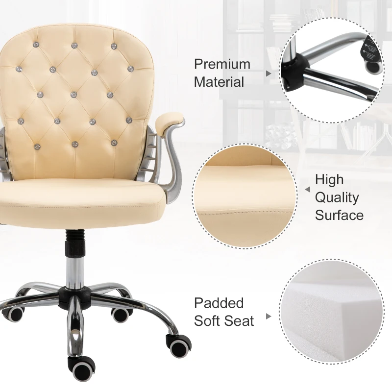 Vinsetto PU Leather Home Office Chair, Button Tufted Desk Chair with Padded Armrests, Adjustable Height and Swivel Wheels, Beige