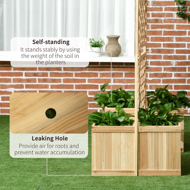 Outsunny Freestanding Outdoor Privacy Screen with 4 Self-Draining Raised Garden Beds, 3 Hinged Privacy Panels for Hot Tub, Pool, Patio, Backyard, Deck, Natural Wood