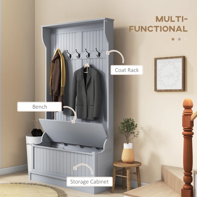 HOMCOM Modern 3-In-1 Entryway Hall Tree with Coat Rack, Bench and Shoe Storage, 5 Hooks for Hallway, Living Room, Grey