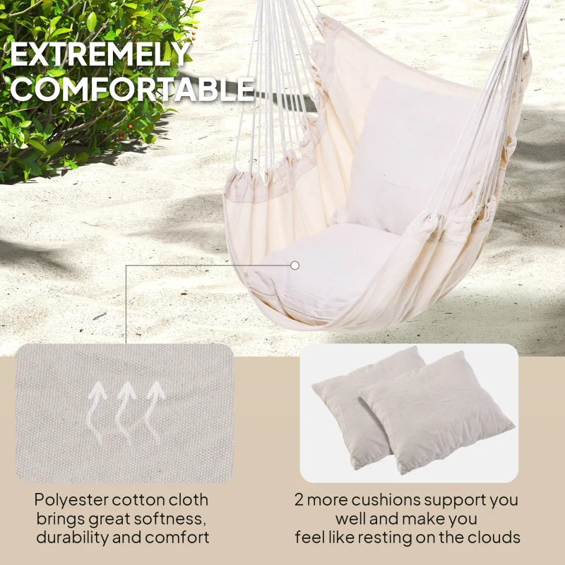 Outsunny Hammock Chair Swing Hanging Macrame Chair Cotton w/ Two Soft Seat Cushions, for Bedroom Indoor Outdoor Ideal Gift for Kids Lover Birthday Present White