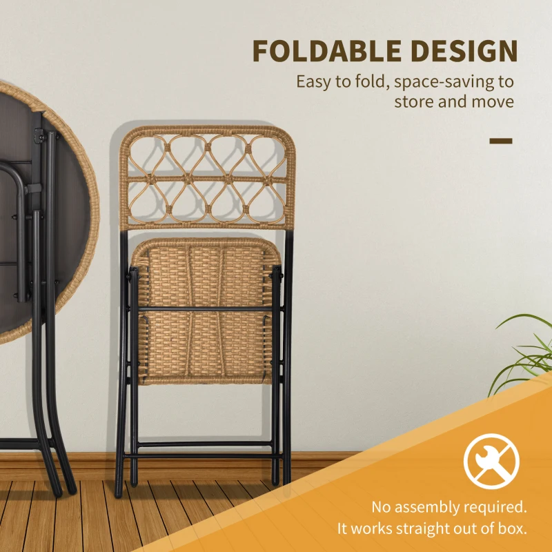 Outsunny 3PC Rattan Wicker Bistro Set w/ Folding Design, Hand Woven Rattan Table and Chairs for Outdoor, Natural