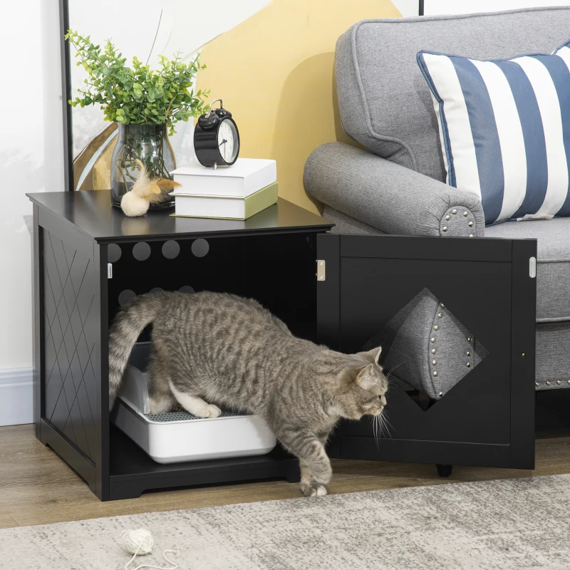 PawHut Cat Litter Box Enclosure End Table, Indoor Cat Washroom with Magnetic Door, Hidden Litter Box Nightstand with Large Tabletop, Easy Assembly, Black