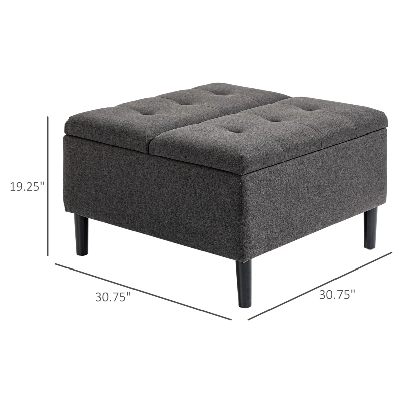 HOMCOM 30" Square Storage Ottoman, Upholstered Ottoman Coffee Table with Lift Top, Button Tufted and Wood Legs, Accent Footstool for Living Room, Dark Gray