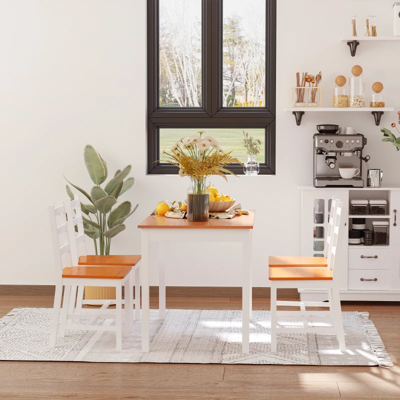 HOMCOM Dining Table Set for 4, 5 Piece Pine Wood Kitchen Table with High Back Chairs, Rectangular Table and 4 Armless Chair, White and Natural Wood