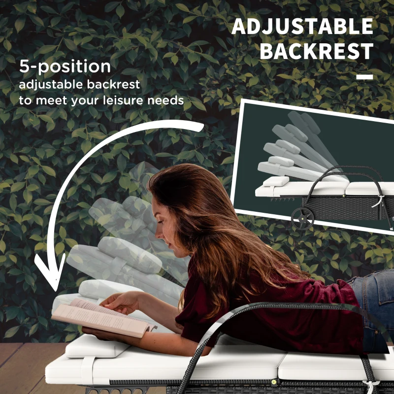 Outsunny 2 Reclining Chaise Lounge Chairs, Rolling Outdoor Chairs with Cushion, Pillow, Headrest, Armrests, and Wheels, Cream