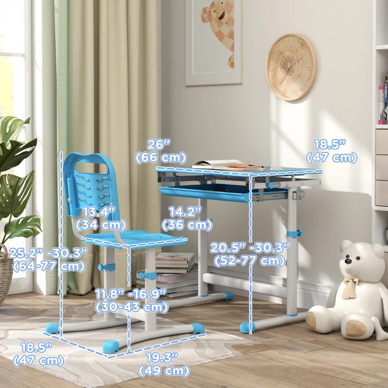 Qaba Height Adjustable Study Table and Chair Set with Drawer, Pen Slot, Tiltable Desktop, Hook, Blue