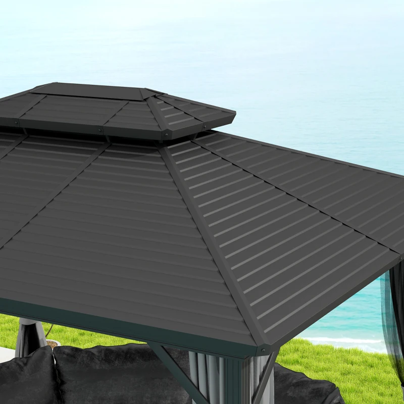 Outsunny 10' x 12' Hardtop Gazebo, Sun Shelter with Double Tier Metal Roof, Mosquito Netting, and Hanging Hook, Light Grey