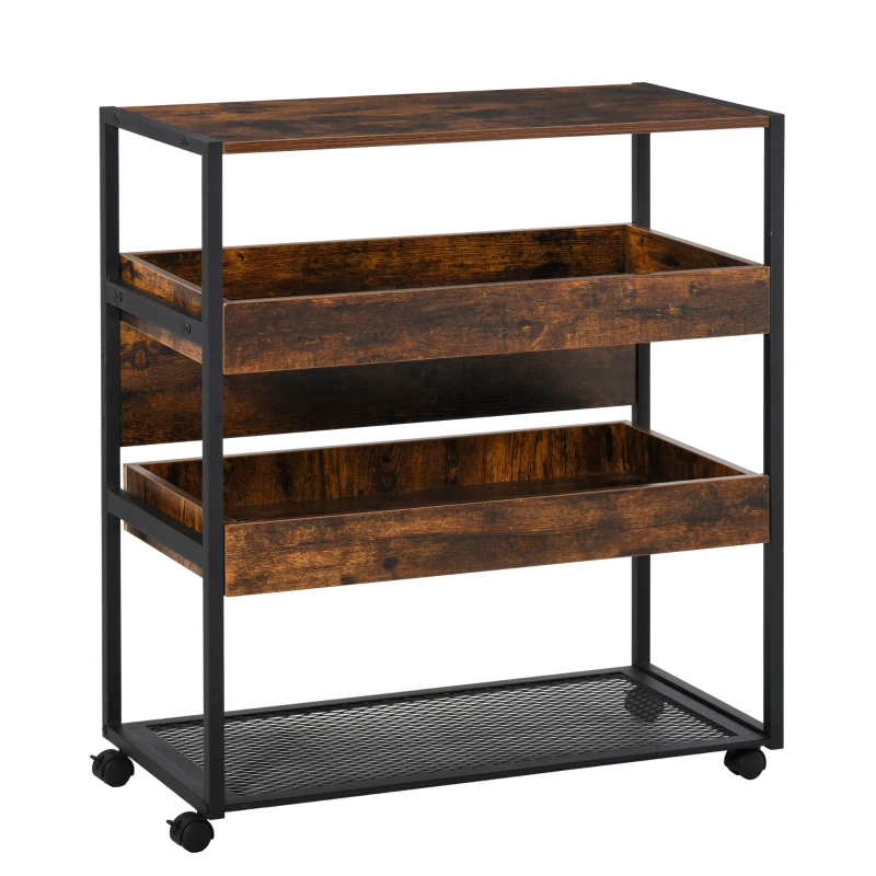 HOMCOM Industrial Kitchen Rolling Cart on Wheels, 4-Tier Utility Cart with Pull-out Open Shelves and Mesh Bottom, Microwave Stand for Dining & Living Room, Rustic Brown