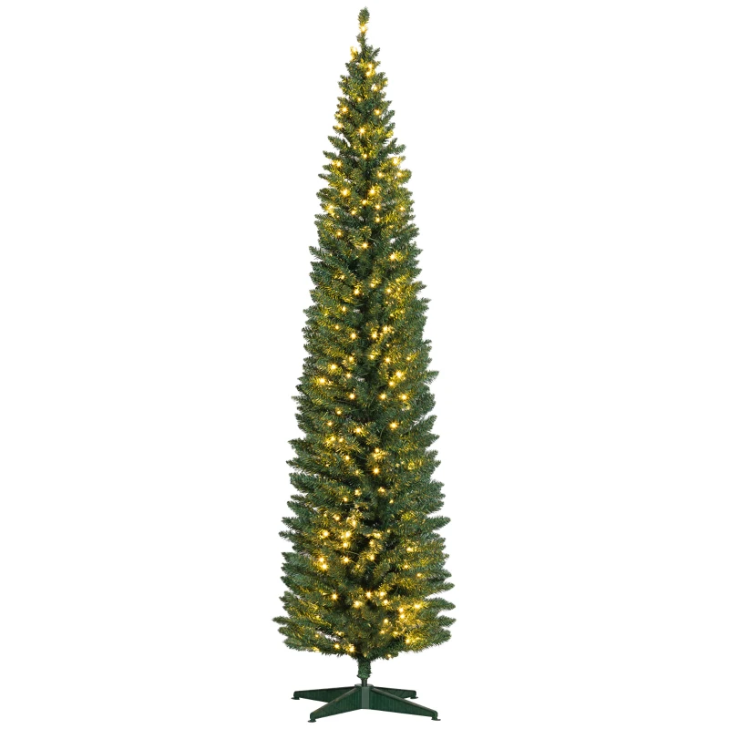 HOMCOM 8ft Pencil Christmas Tree, Slim Artificial Christmas Tree with Realistic Branches and Warm White LED Lights, Green