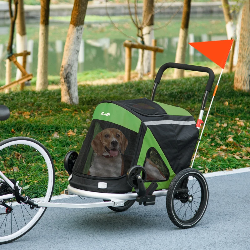 Aosom 2 in 1 Bike Trailer with Aluminum Frame, Quick Release Wheels, Safety Leash, Anti-Slip Mat for Medium Dogs, Green