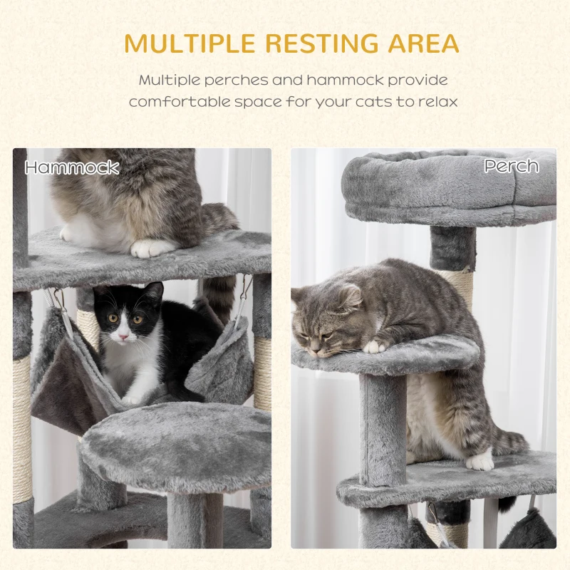PawHut 52" Multi-Level Cat Tree Tower, Kitten Scratcher Activity Center Play House with Hammock - Grey