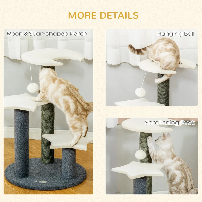 PawHut 30" Cat Tree Kitty Activity Center Climbing Toy Rest Pet Furniture with Sisal Scratching Post Moon Star Shaped Perch Hanging Ball Grey, White