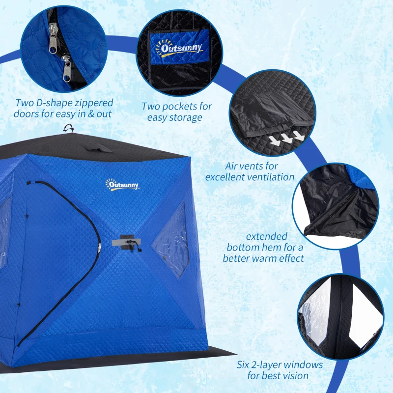 Outsunny 2 Person Insulated Ice Fishing Shelter Pop-Up Portable Ice Fishing Tent with Carry Bag and Anchors for Lowest Temps -22℉, Dark Blue