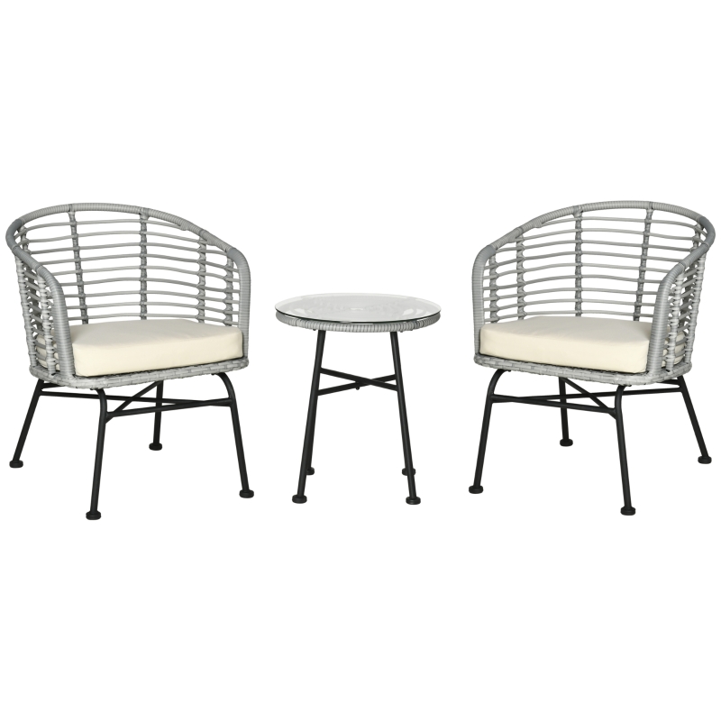 Outsunny 3 Piece Patio Bistro Set, PE Rattan with Cushioned Barrel Chairs & Glass Coffee Table, Conversation Set, Cream White