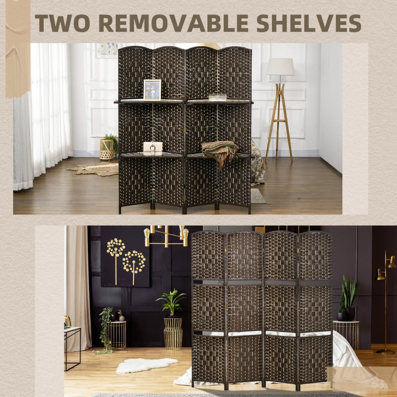 HOMCOM 5.6 Ft Tall Folding Room Divider with Storage Shelves, 4 Panel Portable Privacy Screen for Home Office, Bedroom, Brown