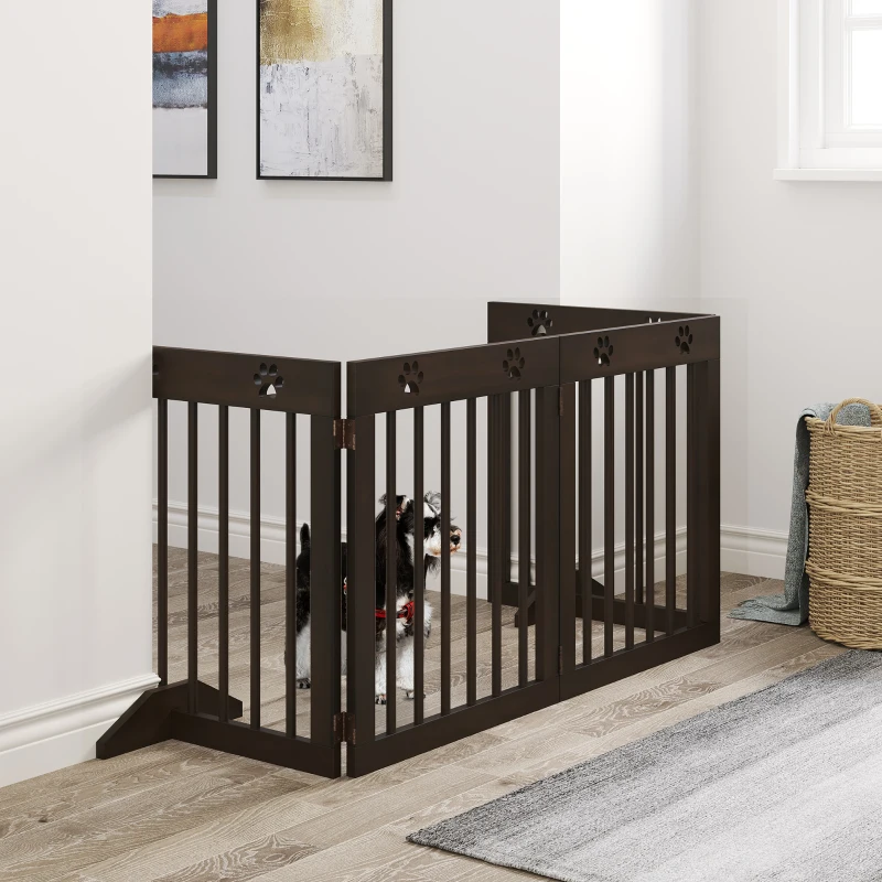 PawHut Freestanding Pet Gate with Two-Direction Hinges, Removable Feet, Foldable Wooden Dog Fence with Paw Carved, 24" x 20", Espresso Brown