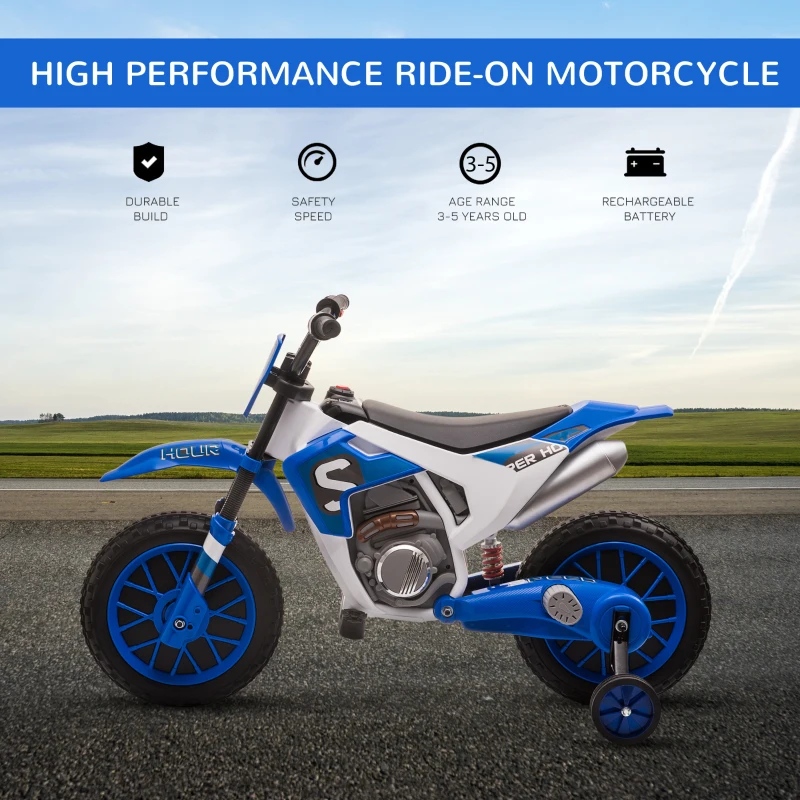 Aosom 12V Kids Motorcycle w/Treaded Tires, 5mph Top Speed Electric Bike for Kids, Ride On Motorcycle w/Training Wheels, Battery Charger, Spring Suspension, Blue(m-4)