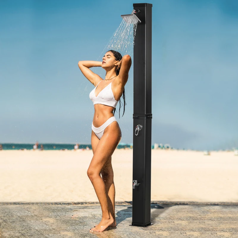 Outsunny 10.6 Gallons Solar Heated Shower with Free-Rotating Shower Head, Temperature Adjustment & Foot Shower, 2-Section Outdoor Shower for Backyard Poolside Beach Pool Spa, 7ft