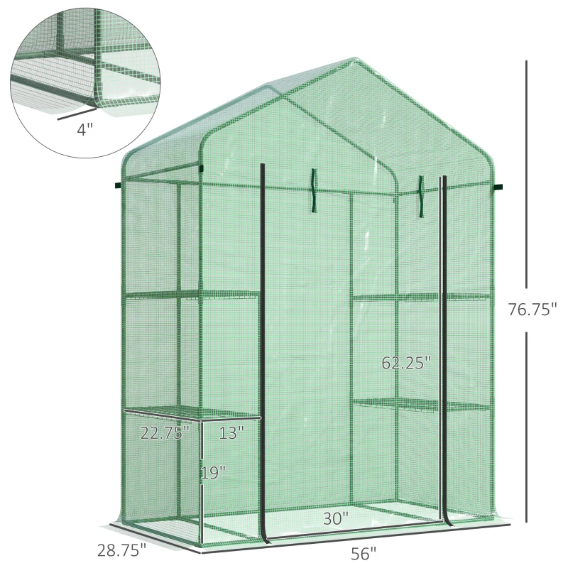 Outsunny 56" x 29" x 77" Walk-in Greenhouse, Garden Hot House with 3 Tier Shleves, Roll-Up Door and PE Cover, Green