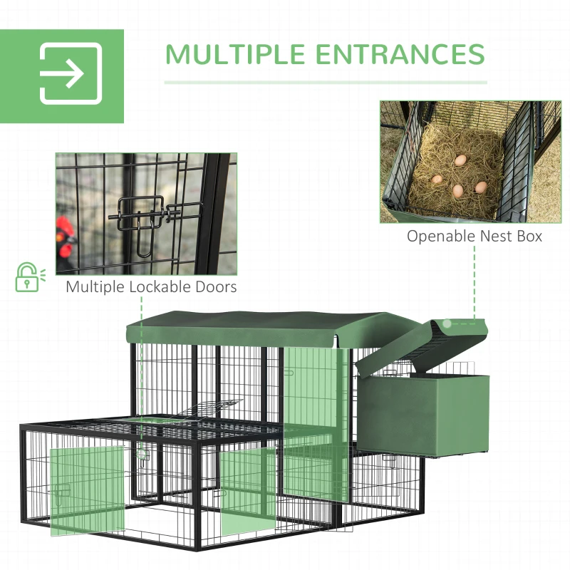 PawHut 79in Large Metal Chicken Coop, Outdoor Hen House Poultry Duck Goose Cage with Water-Resistant Canopy, Run, Nesting Box, Lockable Doors, Green