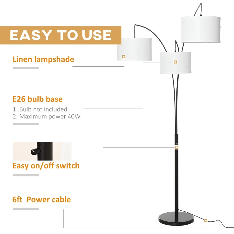 HOMCOM Arc Floor Lamp with 3 Hanging Drum Shape Lampshade, Flexible Steel Pole and Marble Round Base, Black/White