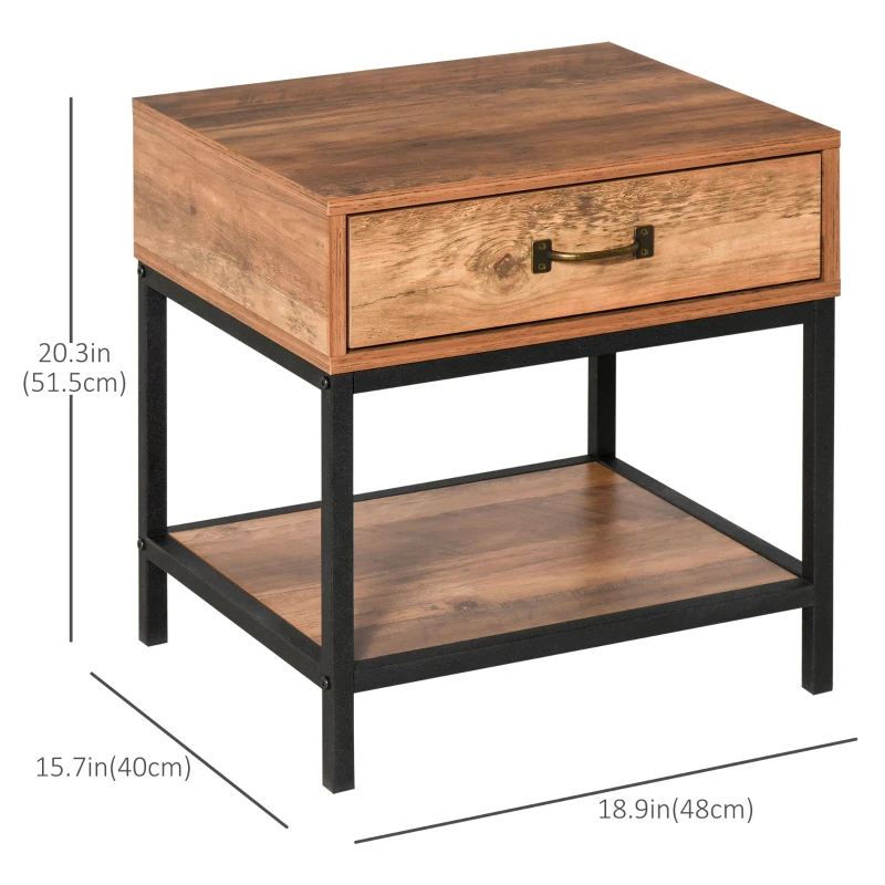 HOMCOM Industrial Bedside Table with Drawer, Nightstand with Storage Shelf, Sofa End Table for Bedroom, Teak