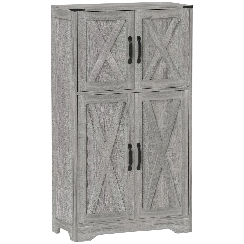 HOMCOM Farmhouse Kitchen Pantry, Freestanding Kitchen Pantry Storage Cabinet with Barn Doors and Adjustable Shelves, Grey