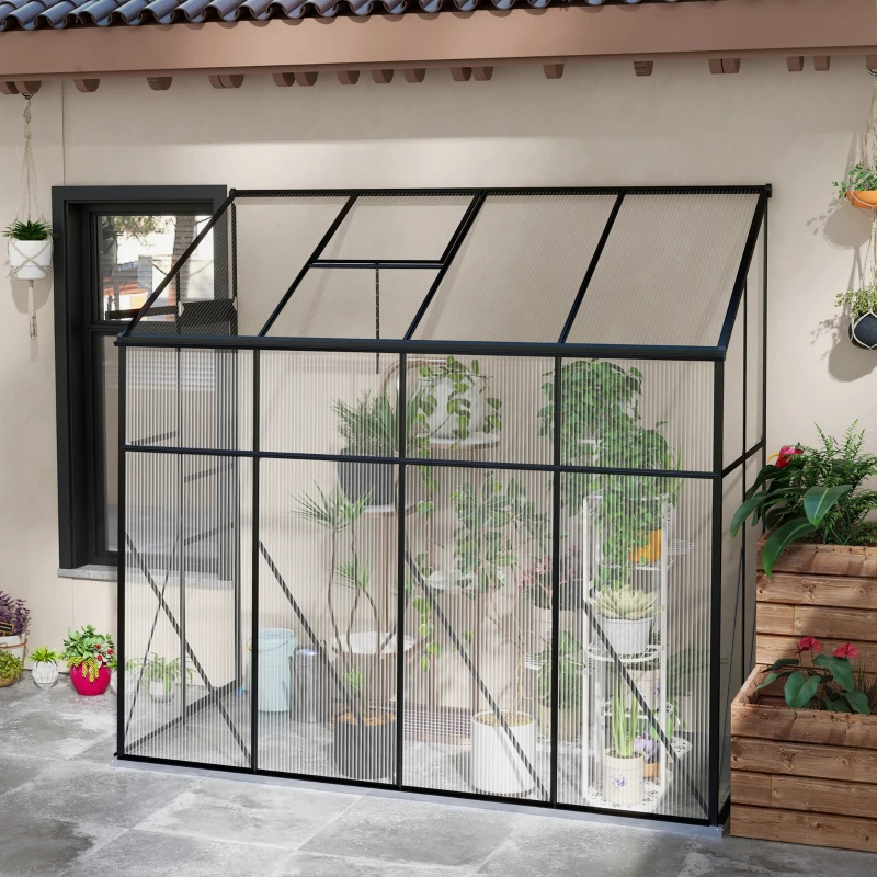 Outsunny 8' x 4' Walk-in Polycarbonate Greenhouse, Lean-to Aluminum Green House with Rain Gutter and Foundation, Black