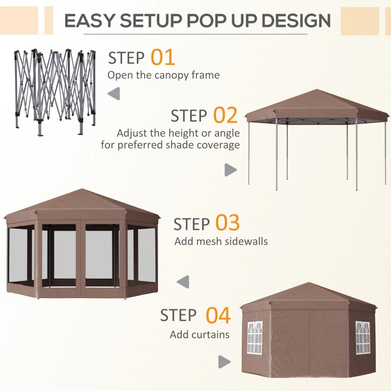 Outsunny 13 x 11.3ft Portable Pop-up Gazebo, Hexagon Adjustable Height Folding Canopy Tent with Carrying Bag for Outdoor Wedding Party, Brown