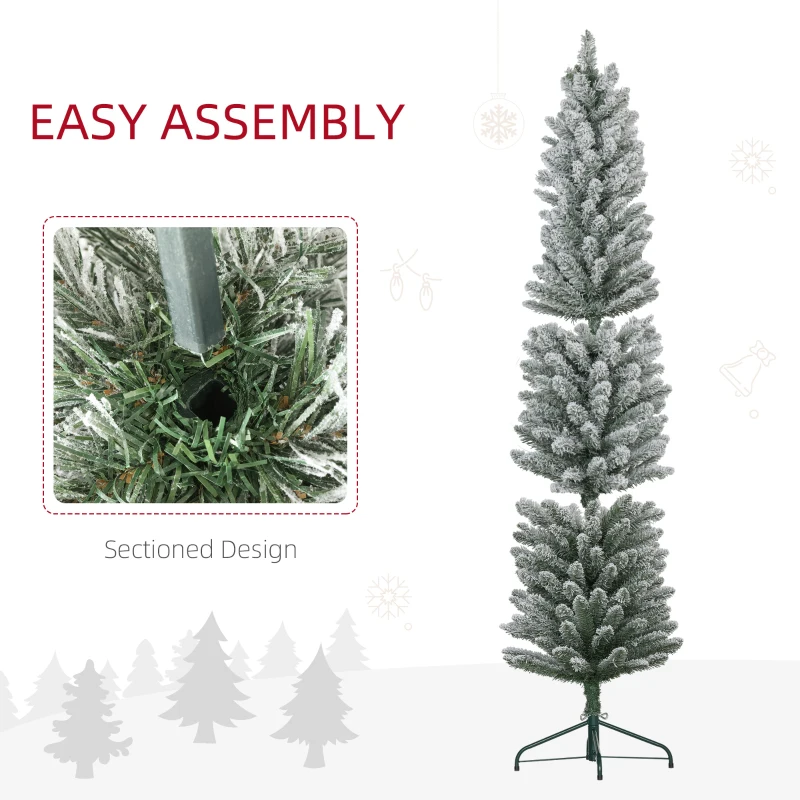 HOMCOM 6ft Artificial Christmas Tree, Snow Flocked Branches, Metal Base, Pencil Xmas Tree