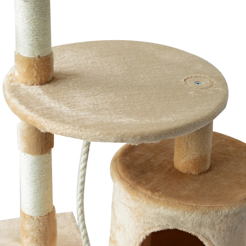 PawHut 45" Plush Sturdy Interactive Cat Condo Tower Scratching Post Activity Tree House - Beige/ White