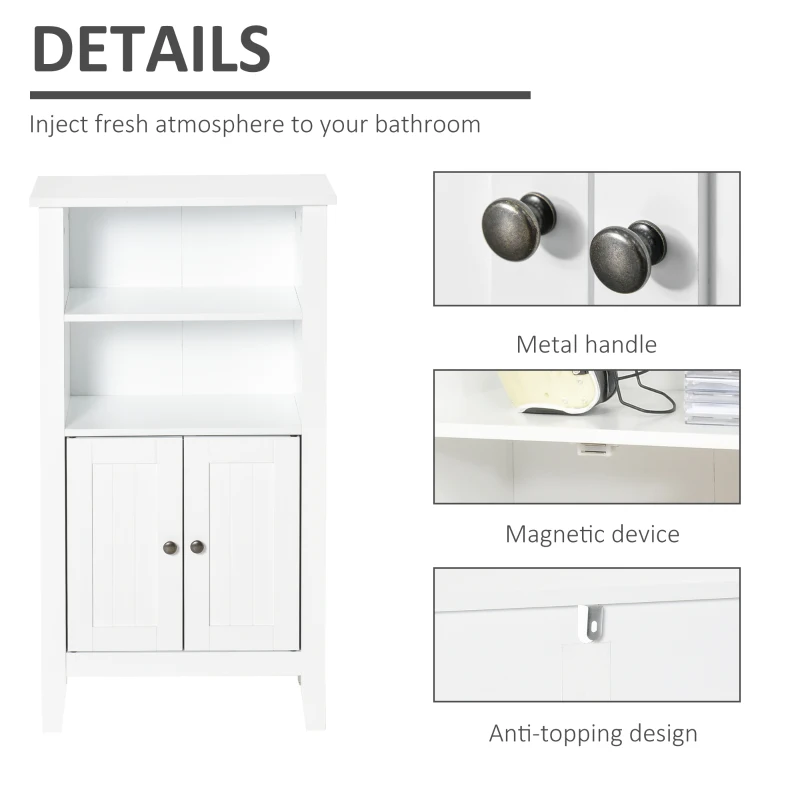 kleankin Bathroom Floor Cabinet, Wooden Bathroom Cabinet with 2 Open Shelves, Double Doors and Adjustable Shelves, Freestanding Storage Cabinet for Bathroom, White