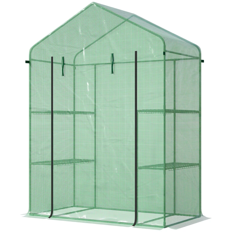 Outsunny 3-Tier Mini Greenhouse, Walk-in Greenhouse, Garden Hot House with 4 Shelves, Roll-Up Door and Weatherized Cover, 56" x 29" x 77", Dark Green