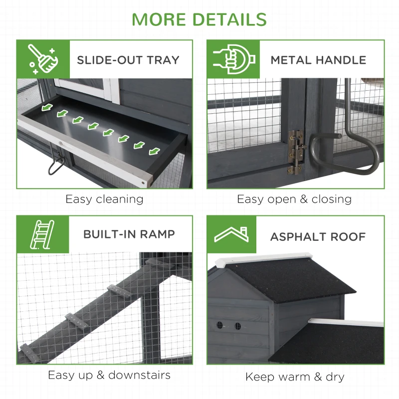 PawHut 84" Wooden Chicken Coop, Hen House Outdoor with Run Nesting Box, Asphalt Roof, Removable Tray, Ramp, Poultry Cage for 2-3 Chickens, Gray(m-7)