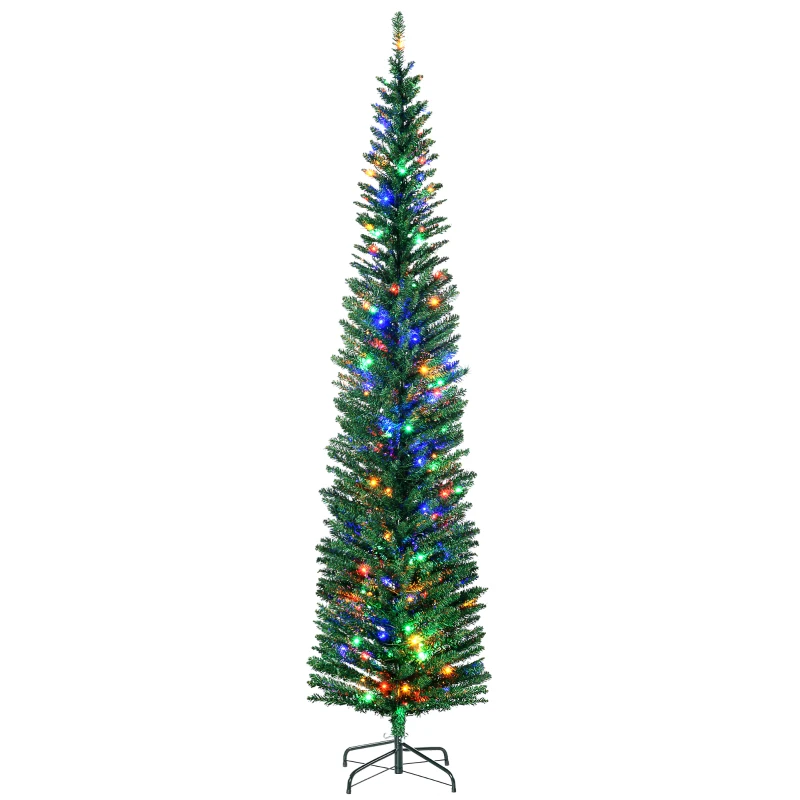 HOMCOM 7.5' Artificial Pencil Christmas Trees Holiday Decoration with Colourful LED Lights, Steel Base, Skinny Shape