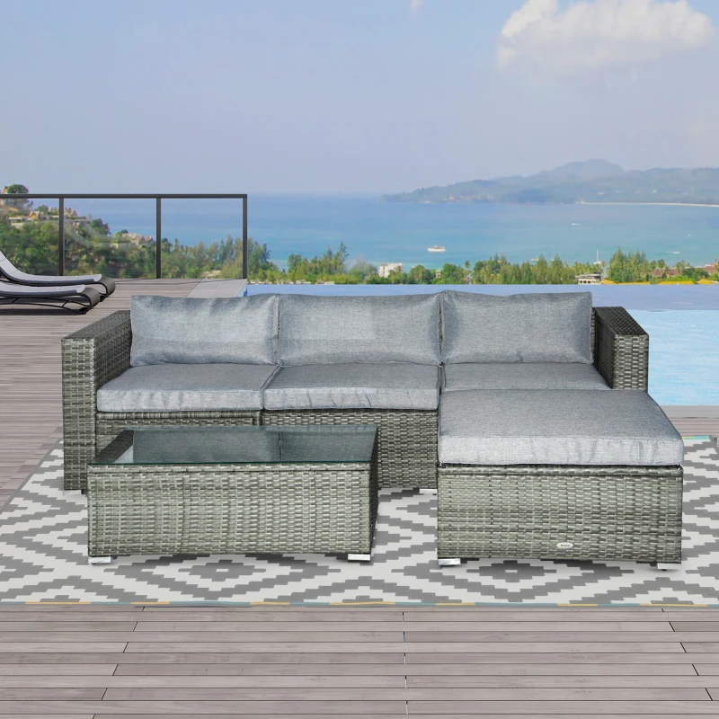 Outsunny 5-Piece Outdoor Sectional Furniture, Patio Sofa Set, PE Wicker Couch, Cushions, Pillows, Ottoman, Table, Light Gray