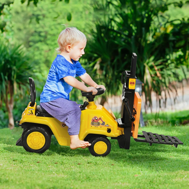 Aosom Sit and Scoot Ride-on Toy with Forklift Operation, Construction Toys for Kids with Under Seat Storage, Forklift Toy for 3-Year-Old Boys & Girls, Imagination Toys