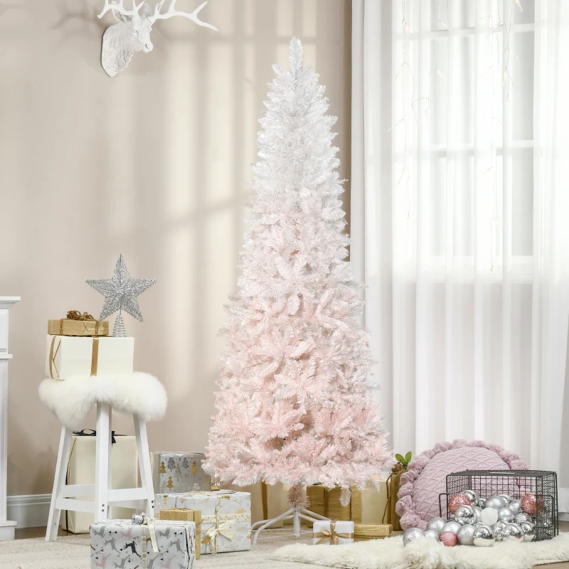HOMCOM 6' Tall Unlit Pencil Fir Artificial Christmas Tree with Realistic Branches and Steel Base, Pink and White