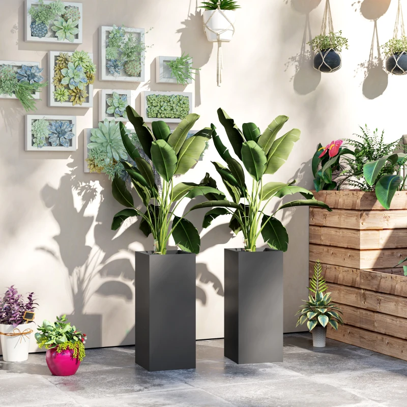 Outsunny 2 Pack Planter Box, 26 Inch Plastic Flower Pots with Water Level Indicator, Drainage Hole and Drain Plug, Dark Grey