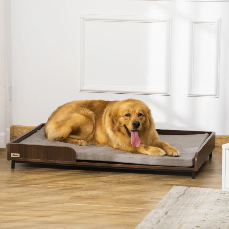 PawHut Elevated Dog Bed Frame, Furniture Style Pet Sofa, Modern Portable Cat Lounge, with Soft Cushion, Washable Cover, Steel Legs, for Large Dog, Brown