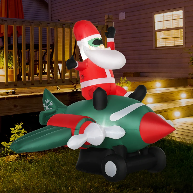 HOMCOM 7.3 ft Long Christmas Inflatables Outdoor Decorations Santa Claus Flying an Airplane, Blow-Up Yard Christmas Decor with LED Lights Display